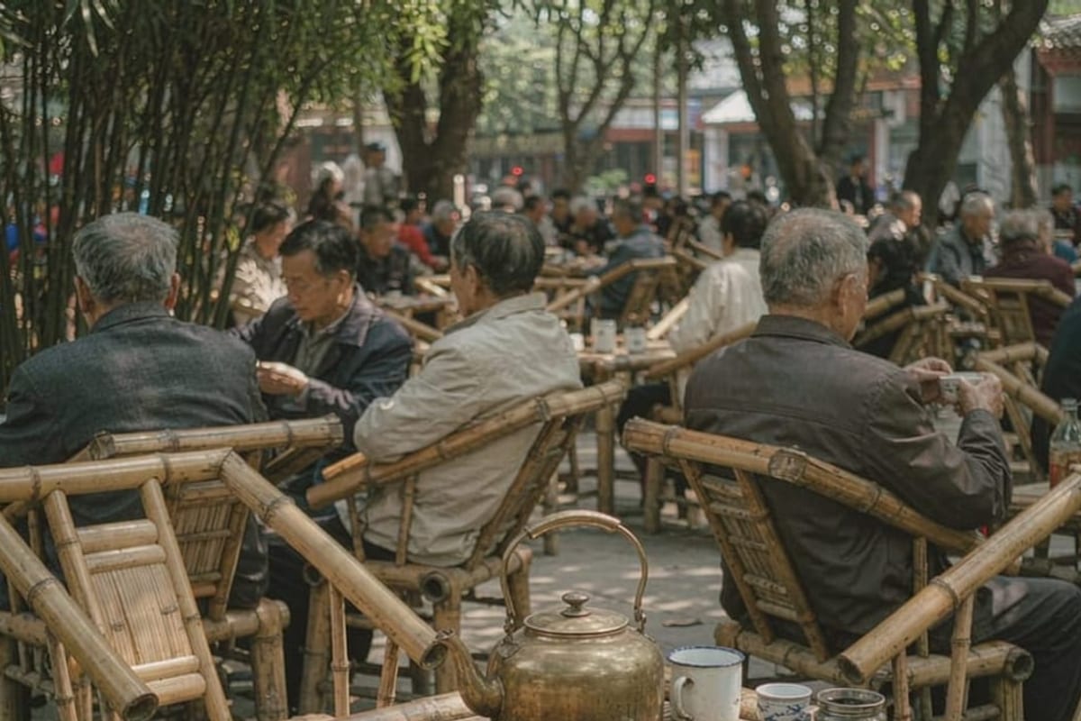 Casa de chá com cadeiras de bambu no Parque do Povo, em Chengdu
