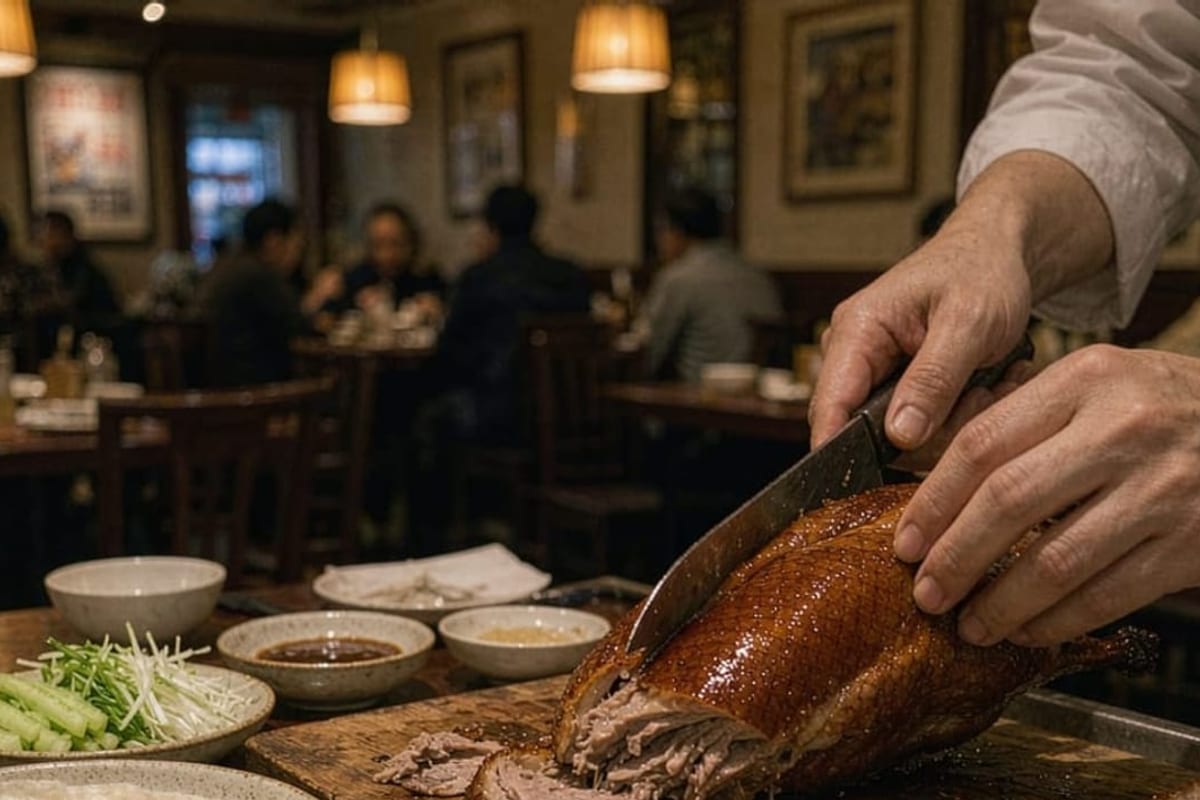 Pato laqueado sendo cortado em restaurante de Pequim