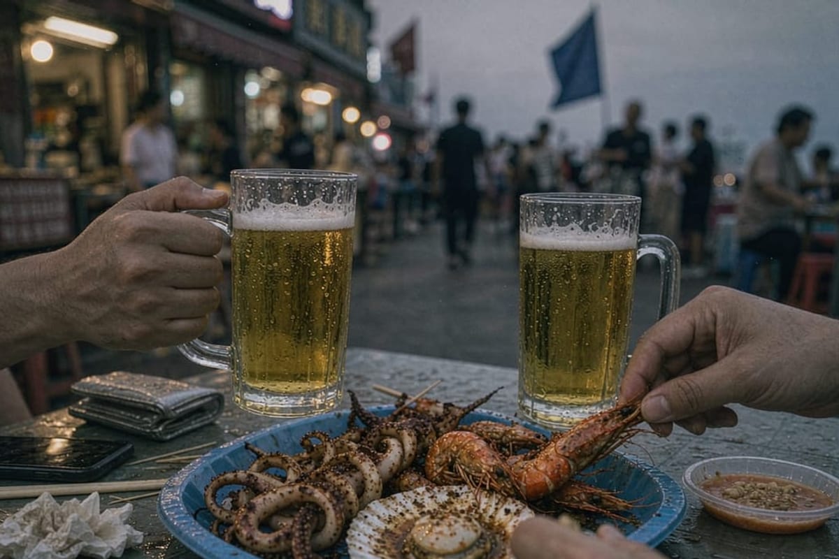 Copos de cerveja e frutos do mar em mesa de rua em Qingdao