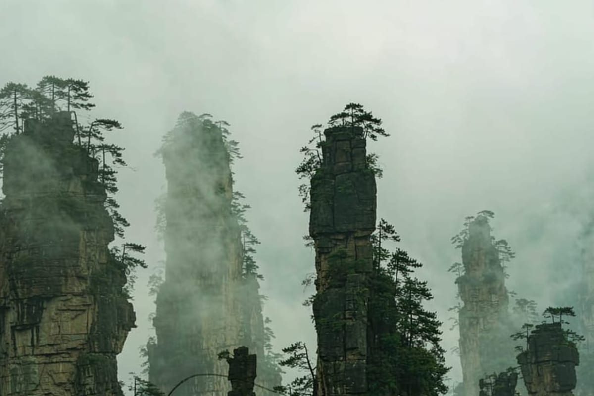 Pilares de montanha cobertos de neblina