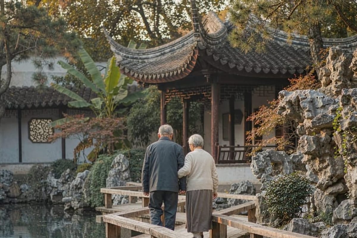 Casal de viajantes mais velhos em jardim chinês