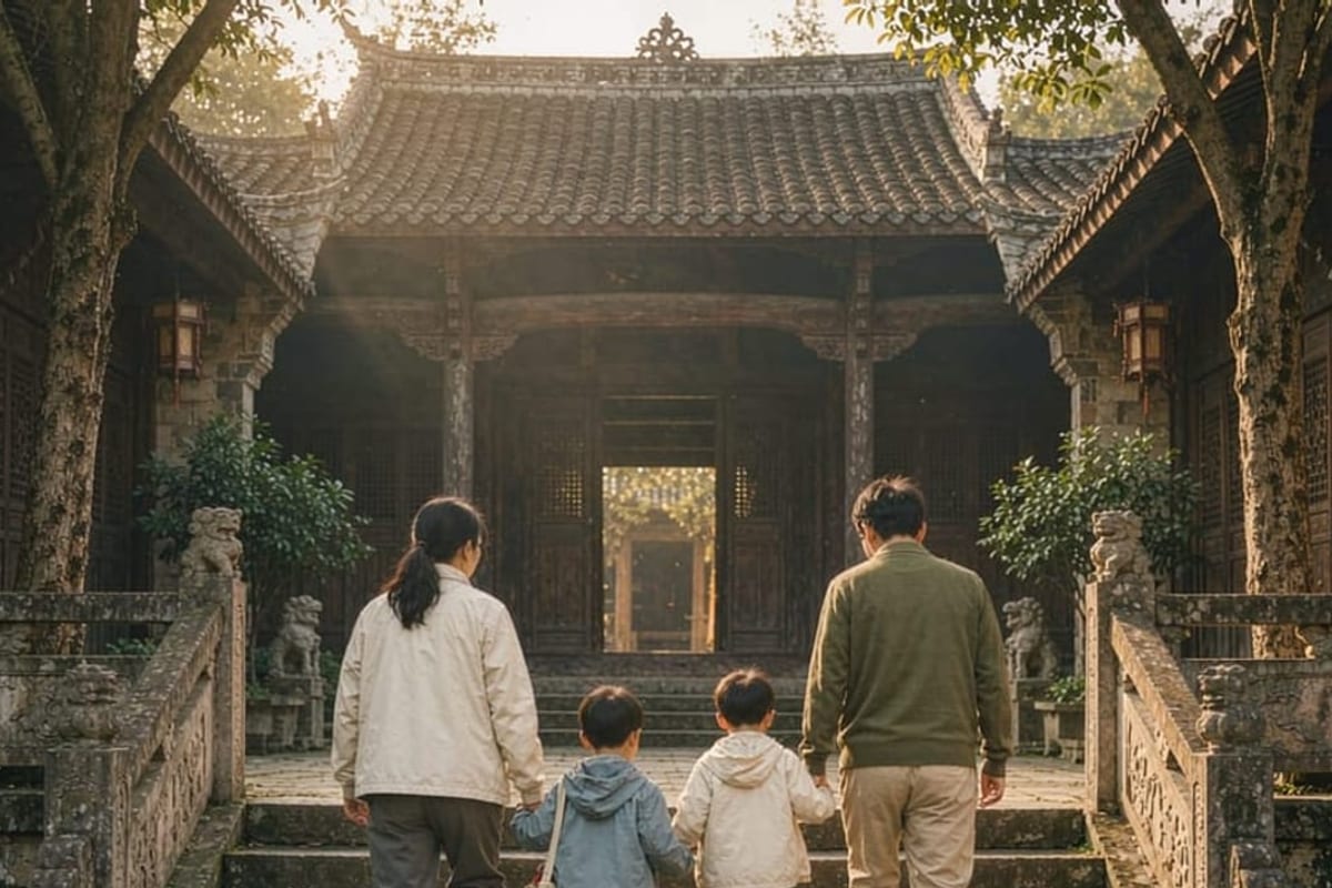 Família com crianças em escadaria de pátio histórico